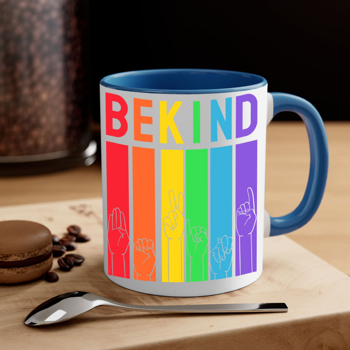 Be Kind Hand Sign Language Mug in five vibrant colors with a glossy finish and easy-grip handle, perfect for coffee and tea lovers.