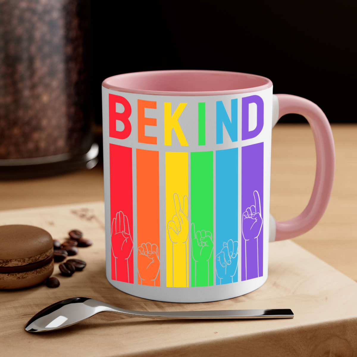 Be Kind Hand Sign Language Mug in five vibrant colors with a glossy finish and easy-grip handle, perfect for coffee and tea lovers.