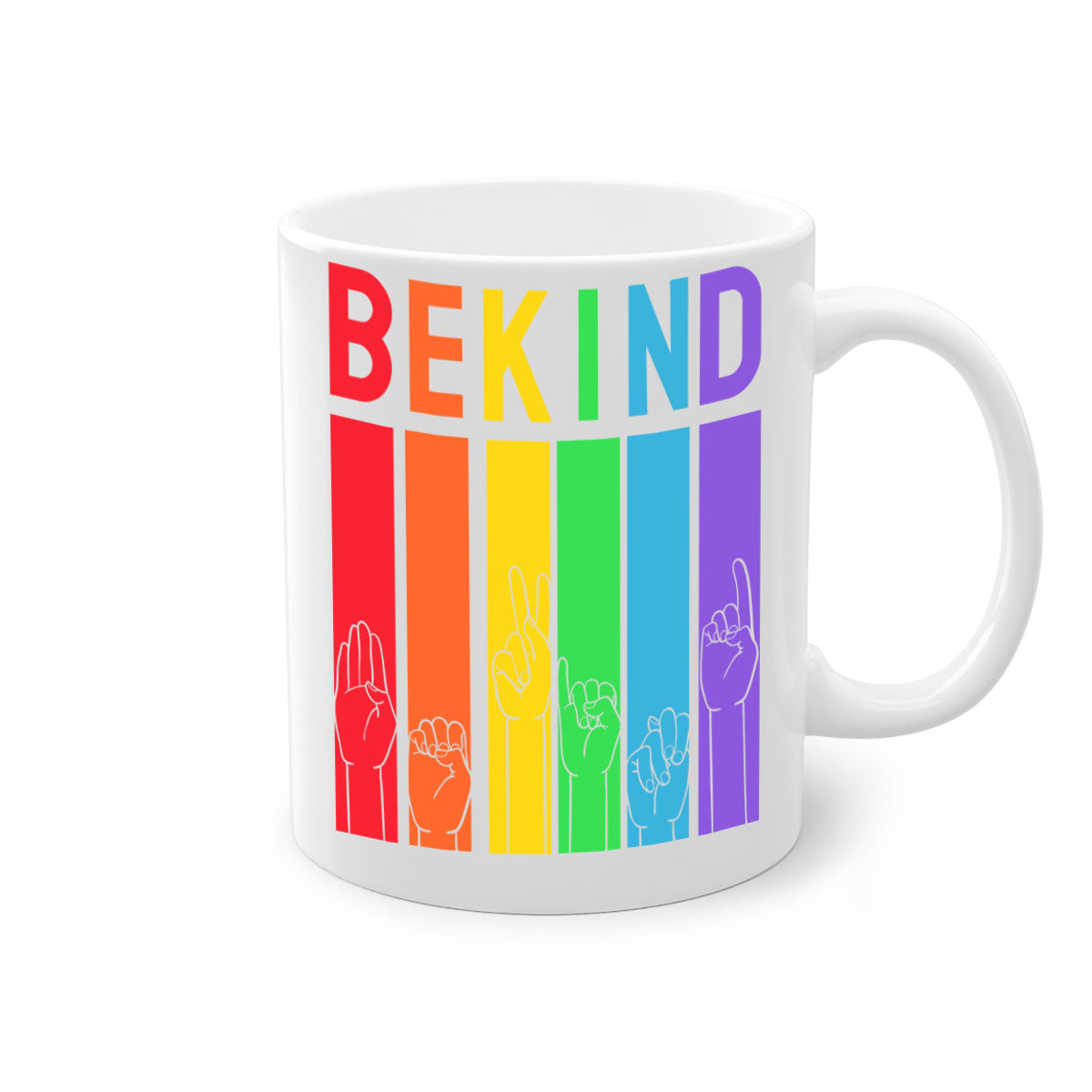 Be Kind Hand Sign Language Mug in five vibrant colors with a glossy finish and easy-grip handle, perfect for coffee and tea lovers.