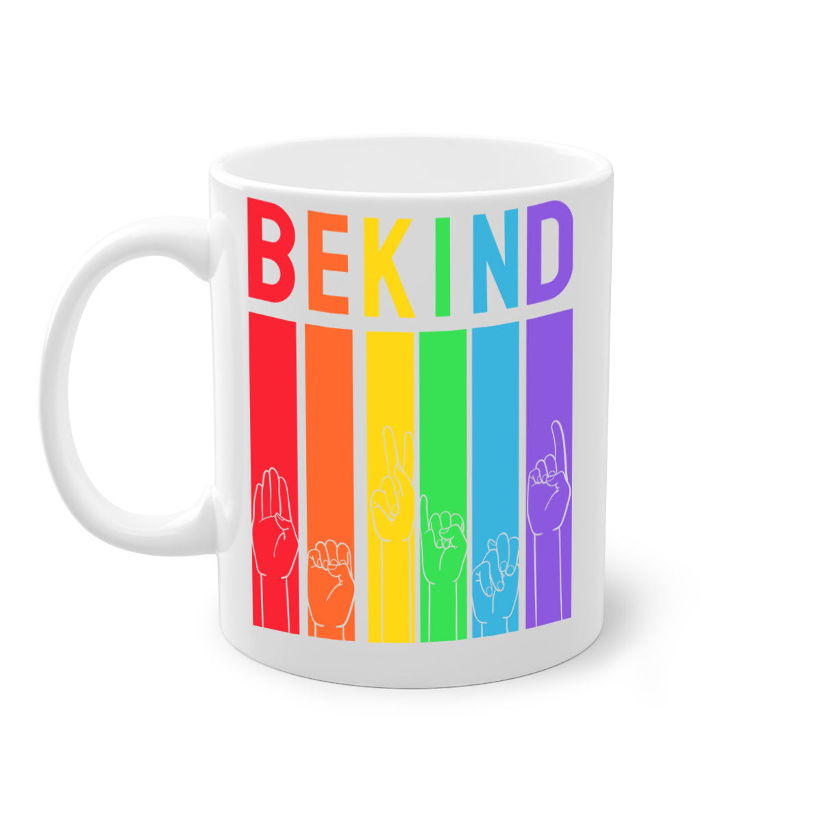 Be Kind Hand Sign Language Mug in five vibrant colors with a glossy finish and easy-grip handle, perfect for coffee and tea lovers.