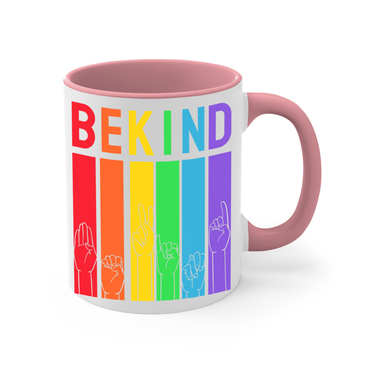 Be Kind Hand Sign Language Mug in five vibrant colors with a glossy finish and easy-grip handle, perfect for coffee and tea lovers.