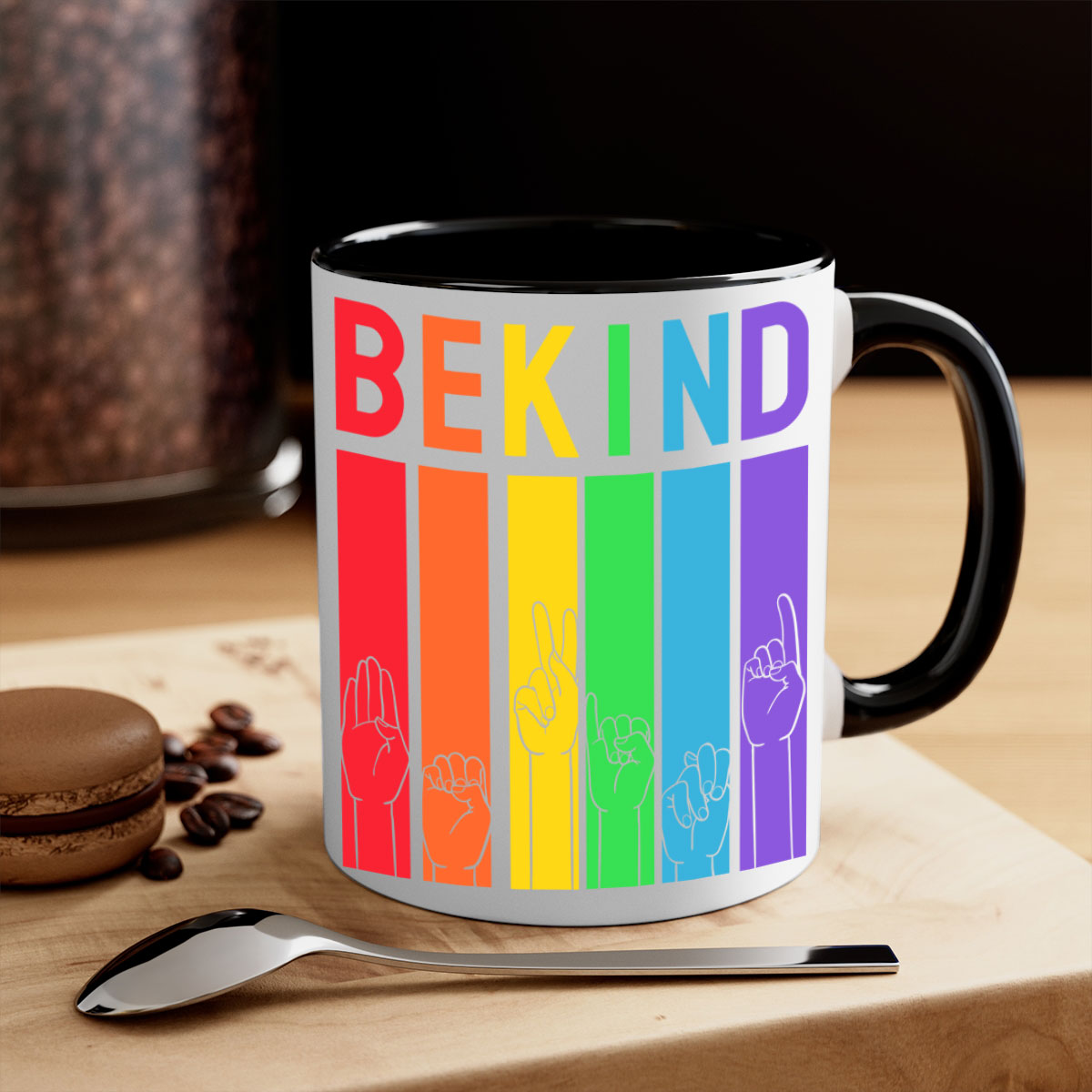 Be Kind Hand Sign Language Mug in five vibrant colors with a glossy finish and easy-grip handle, perfect for coffee and tea lovers.