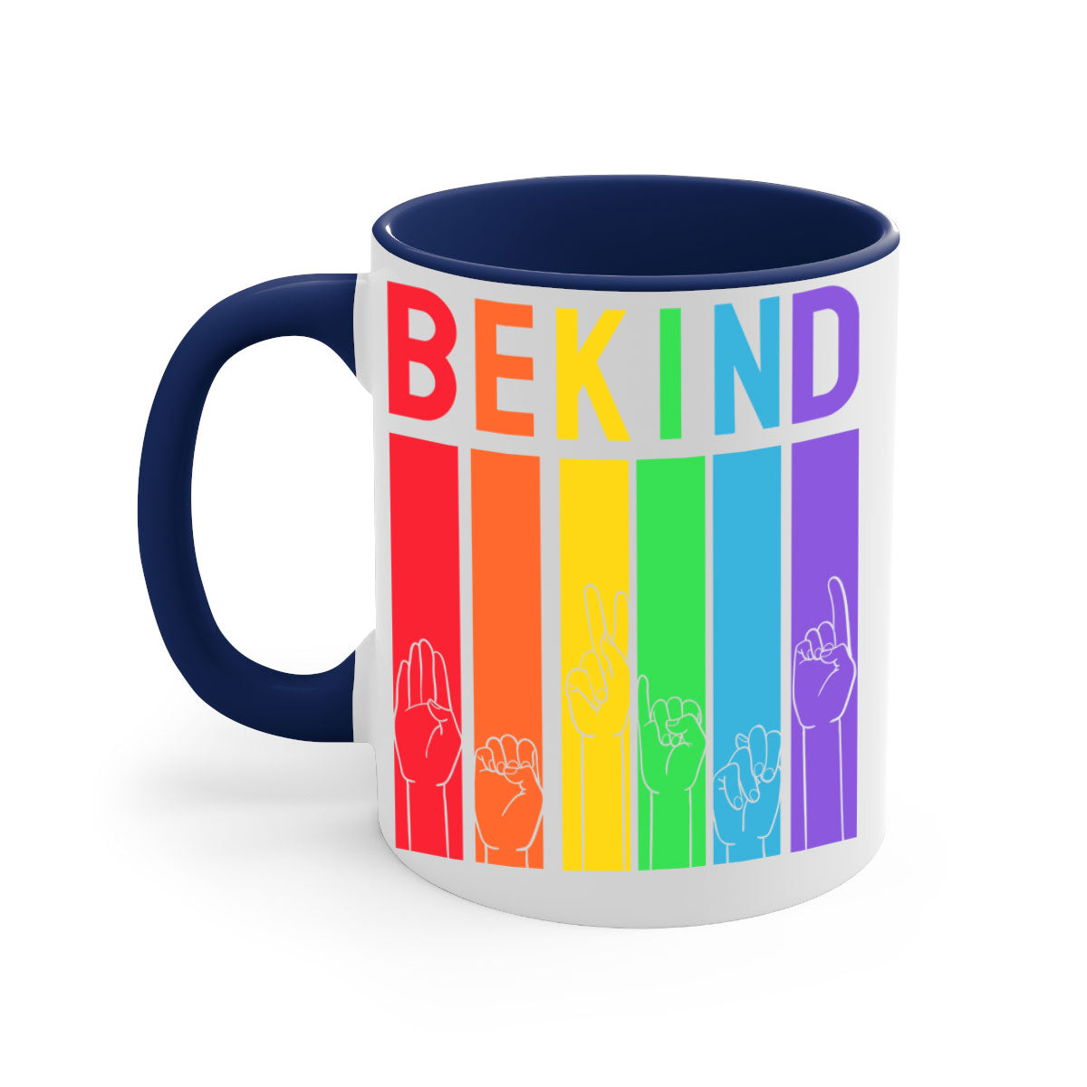 Be Kind Hand Sign Language Mug in five vibrant colors with a glossy finish and easy-grip handle, perfect for coffee and tea lovers.