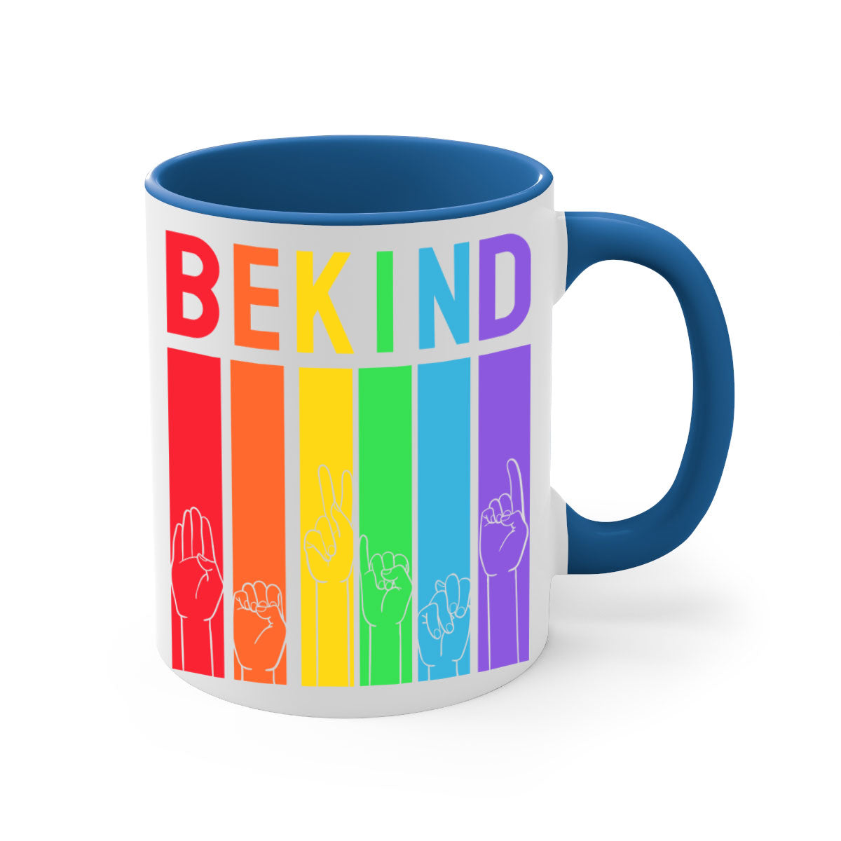 Be Kind Hand Sign Language Mug in five vibrant colors with a glossy finish and easy-grip handle, perfect for coffee and tea lovers.