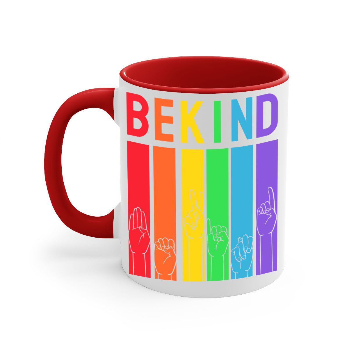 Be Kind Hand Sign Language Mug in five vibrant colors with a glossy finish and easy-grip handle, perfect for coffee and tea lovers.