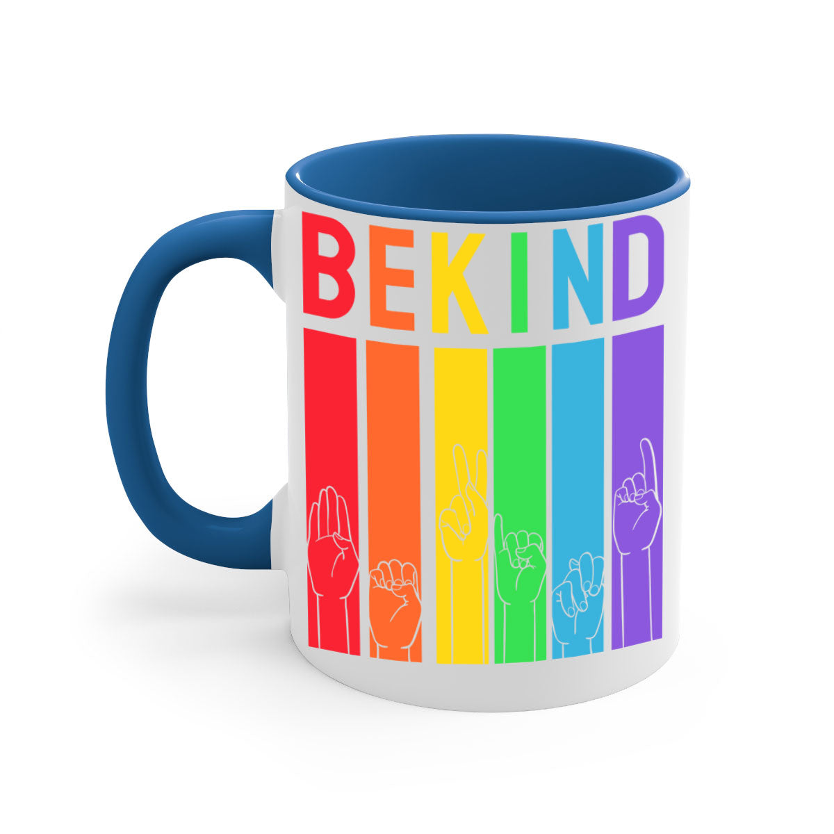 Be Kind Hand Sign Language Mug in five vibrant colors with a glossy finish and easy-grip handle, perfect for coffee and tea lovers.