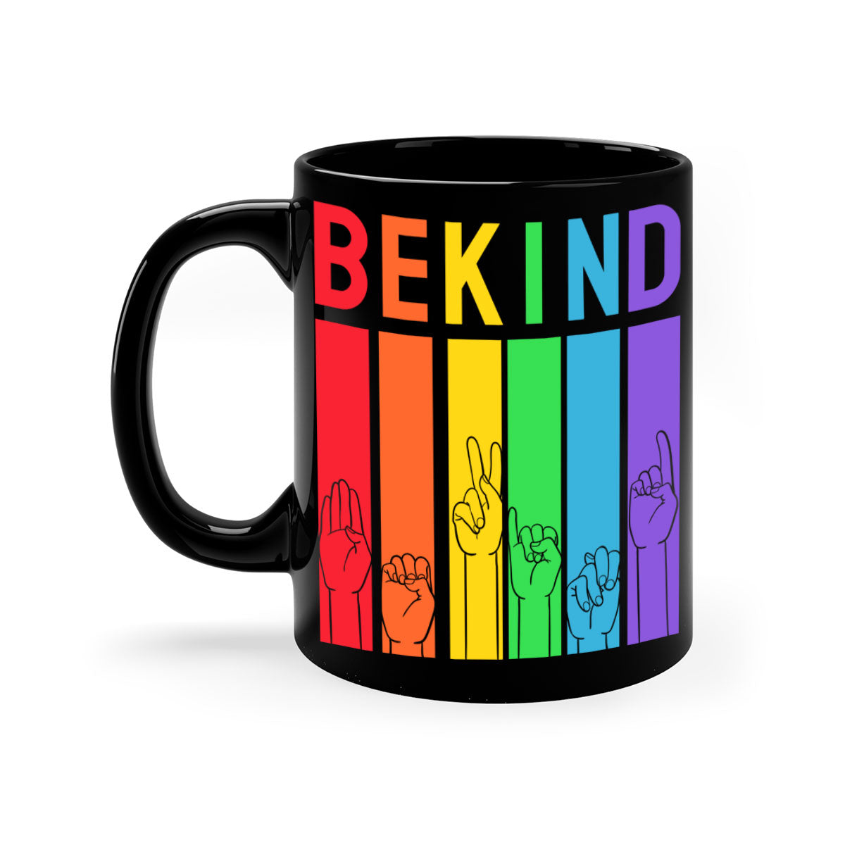 Be Kind Hand Sign Language Mug in five vibrant colors with a glossy finish and easy-grip handle, perfect for coffee and tea lovers.