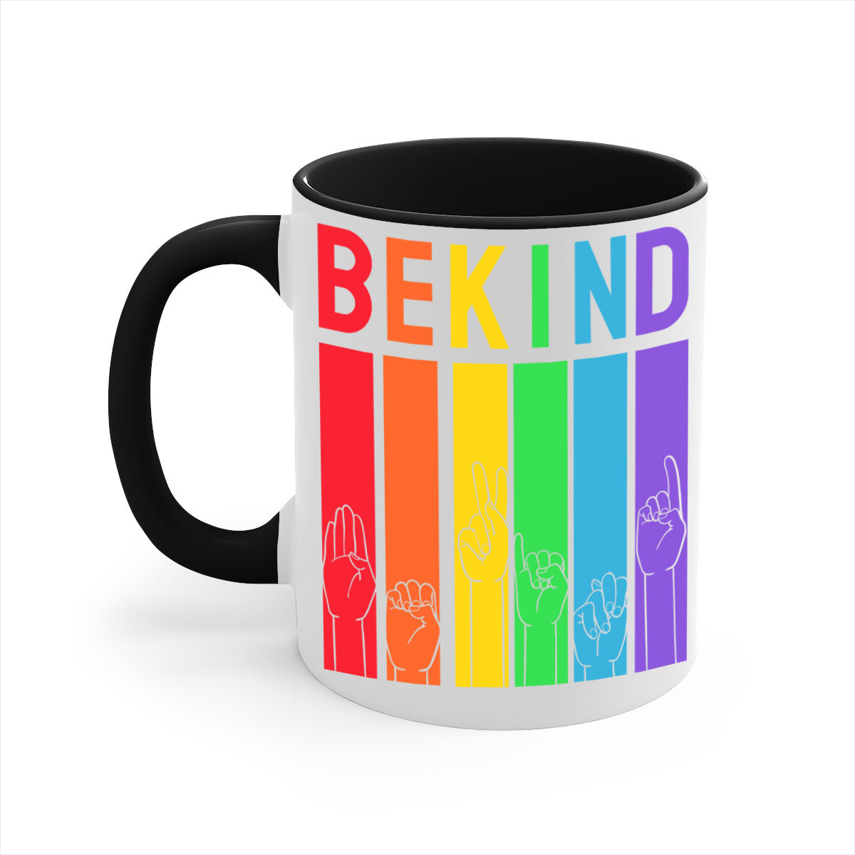 Be Kind Hand Sign Language Mug in five vibrant colors with a glossy finish and easy-grip handle, perfect for coffee and tea lovers.