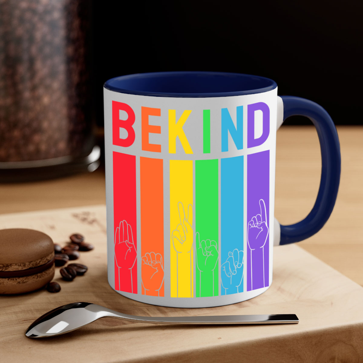 Be Kind Hand Sign Language Mug in five vibrant colors with a glossy finish and easy-grip handle, perfect for coffee and tea lovers.