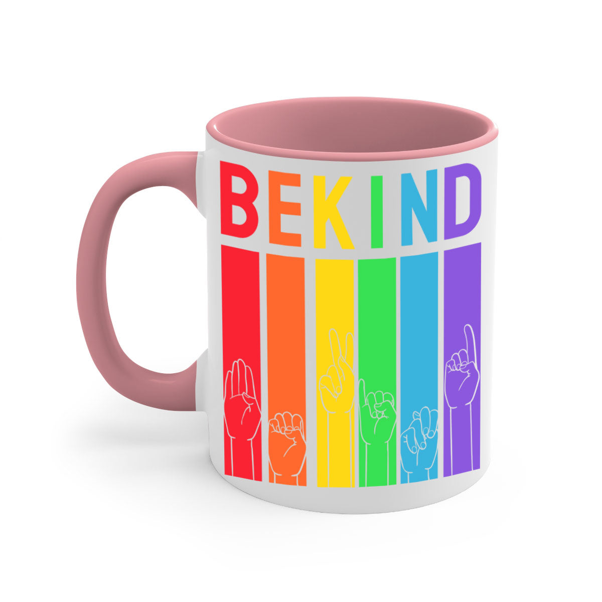 Be Kind Hand Sign Language Mug in five vibrant colors with a glossy finish and easy-grip handle, perfect for coffee and tea lovers.