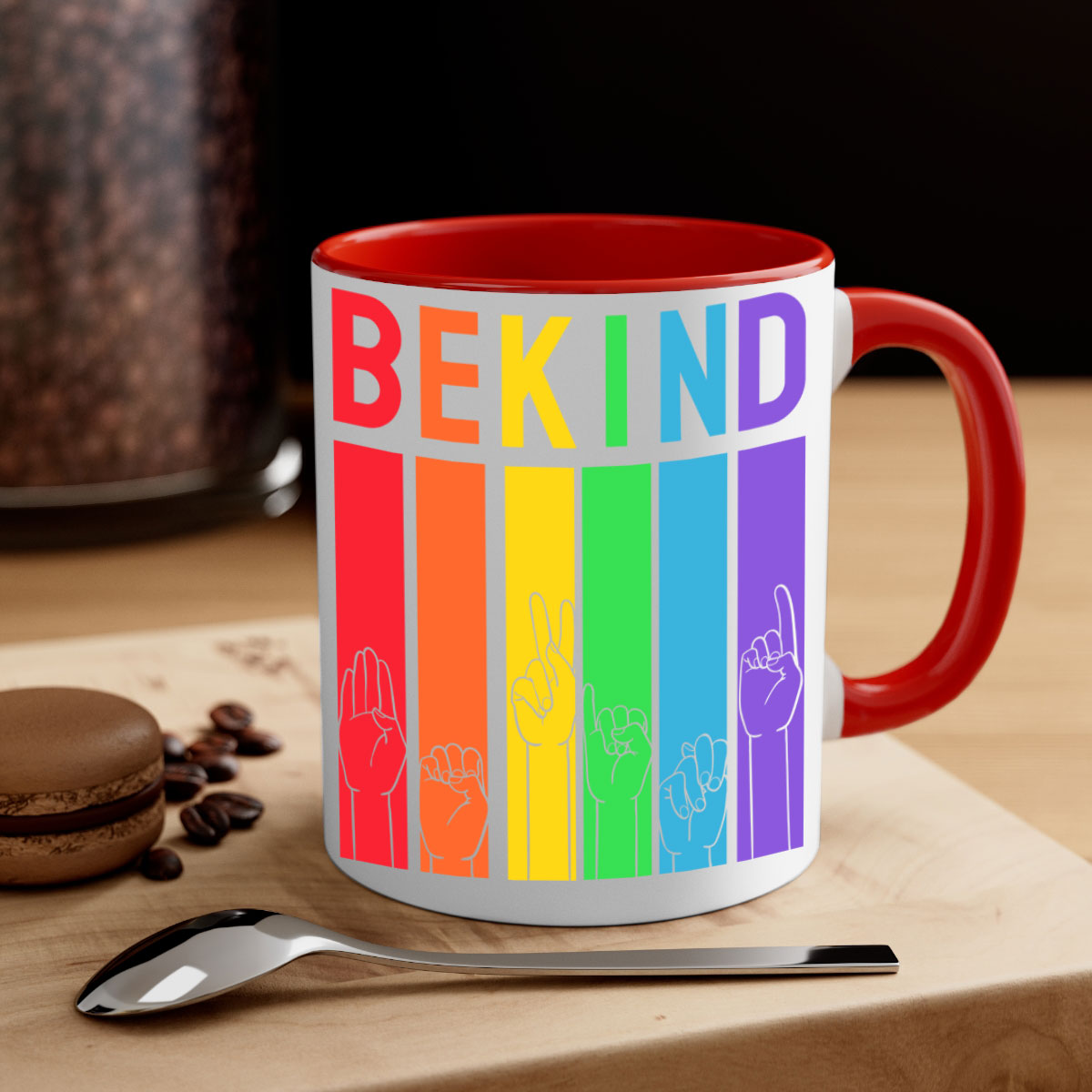 Be Kind Hand Sign Language Mug in five vibrant colors with a glossy finish and easy-grip handle, perfect for coffee and tea lovers.