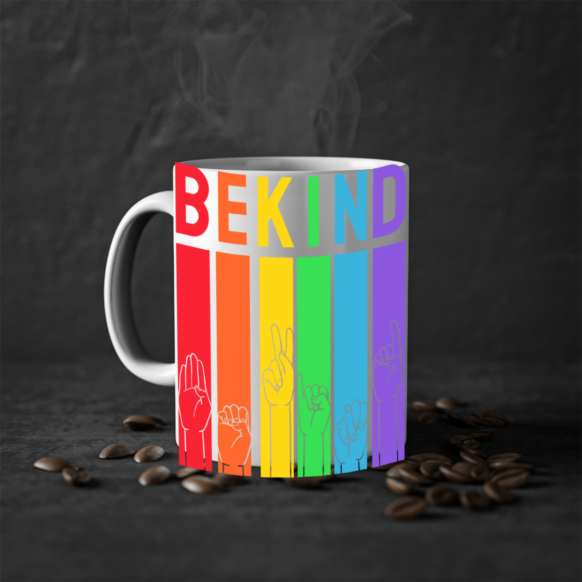 Be Kind Hand Sign Language Mug in five vibrant colors with a glossy finish and easy-grip handle, perfect for coffee and tea lovers.