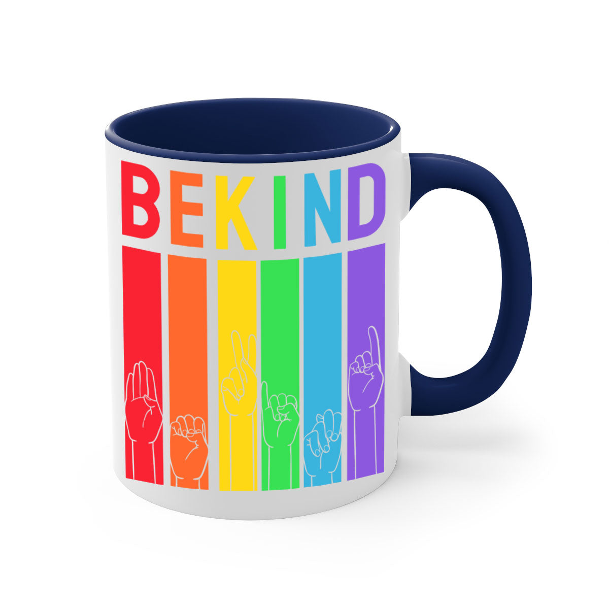 Be Kind Hand Sign Language Mug in five vibrant colors with a glossy finish and easy-grip handle, perfect for coffee and tea lovers.