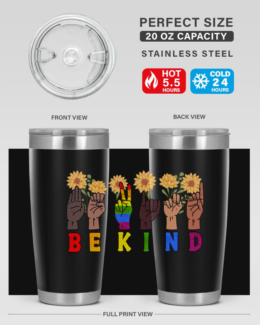 Be Kind Sign Language Hand Talking LGBT tumbler, 20oz stainless steel with vibrant design, perfect for hot and cold beverages.