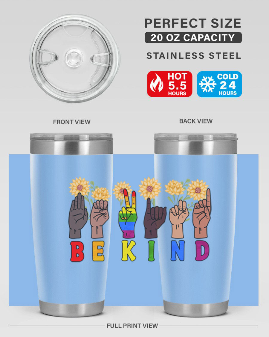 Be Kind Sign Language Hand Talking LGBT tumbler, 20oz stainless steel with vibrant design, perfect for hot and cold beverages.