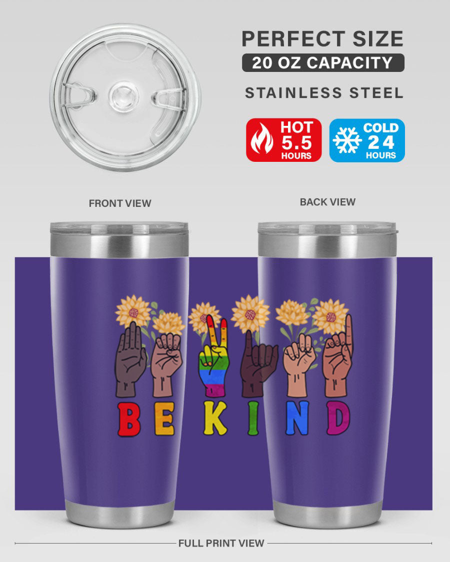 Be Kind Sign Language Hand Talking LGBT tumbler, 20oz stainless steel with vibrant design, perfect for hot and cold beverages.