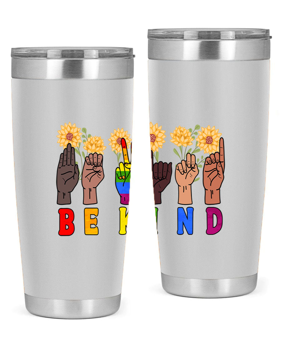 Be Kind Sign Language Hand Talking LGBT tumbler, 20oz stainless steel with vibrant design, perfect for hot and cold beverages.