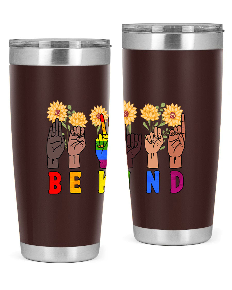 Be Kind Sign Language Hand Talking LGBT tumbler, 20oz stainless steel with vibrant design, perfect for hot and cold beverages.