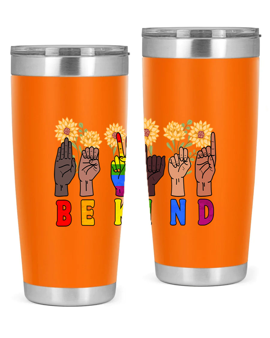 Be Kind Sign Language Hand Talking LGBT tumbler, 20oz stainless steel with vibrant design, perfect for hot and cold beverages.