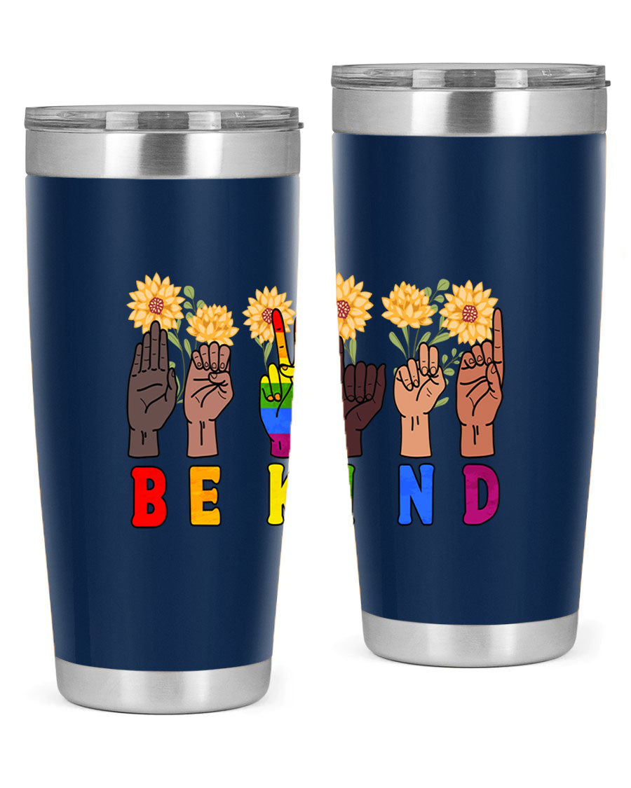 Be Kind Sign Language Hand Talking LGBT tumbler, 20oz stainless steel with vibrant design, perfect for hot and cold beverages.