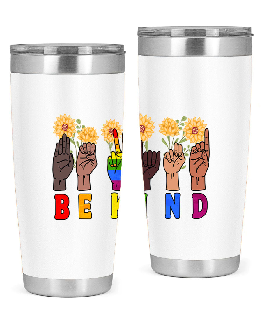 Be Kind Sign Language Hand Talking LGBT tumbler, 20oz stainless steel with vibrant design, perfect for hot and cold beverages.