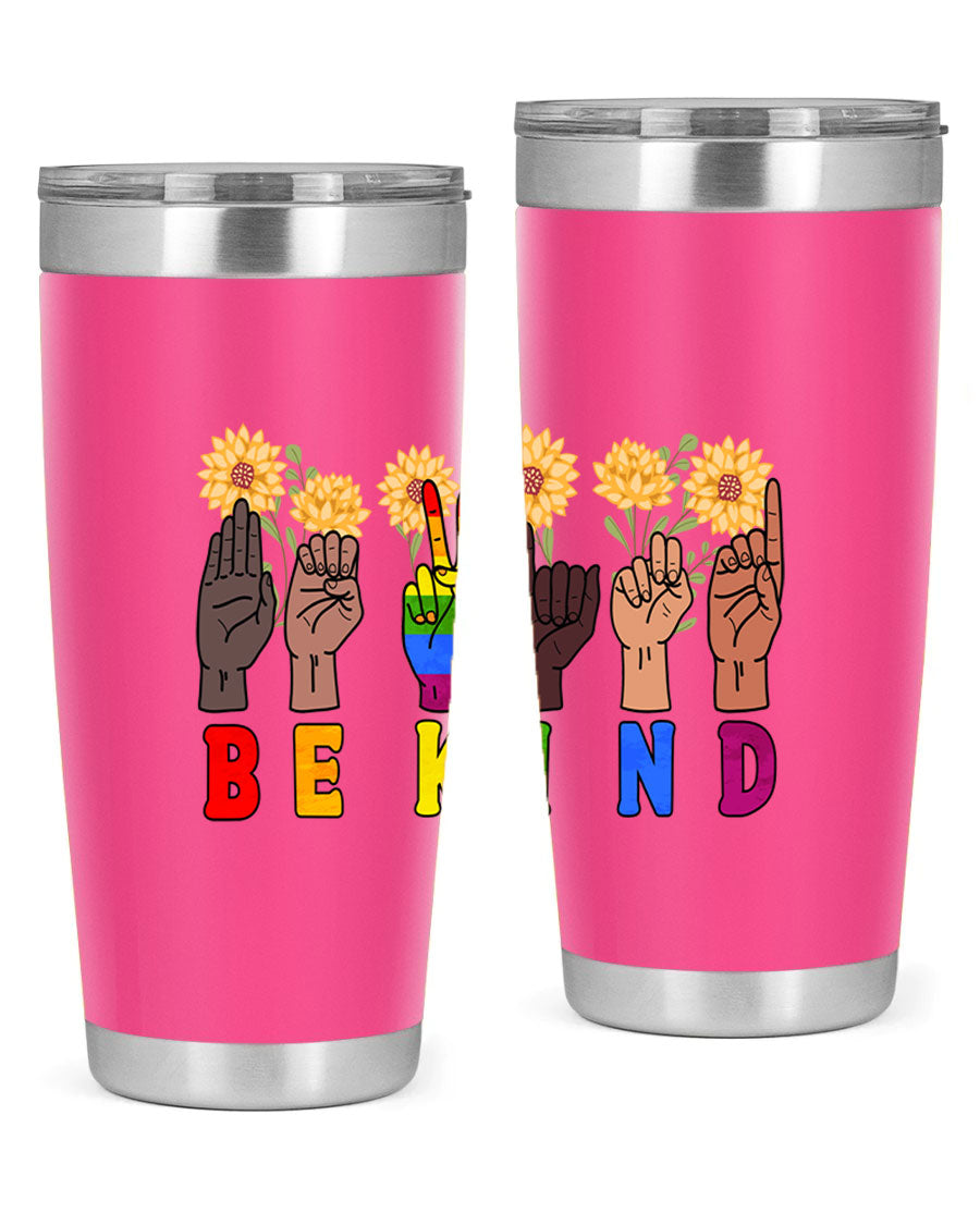 Be Kind Sign Language Hand Talking LGBT tumbler, 20oz stainless steel with vibrant design, perfect for hot and cold beverages.