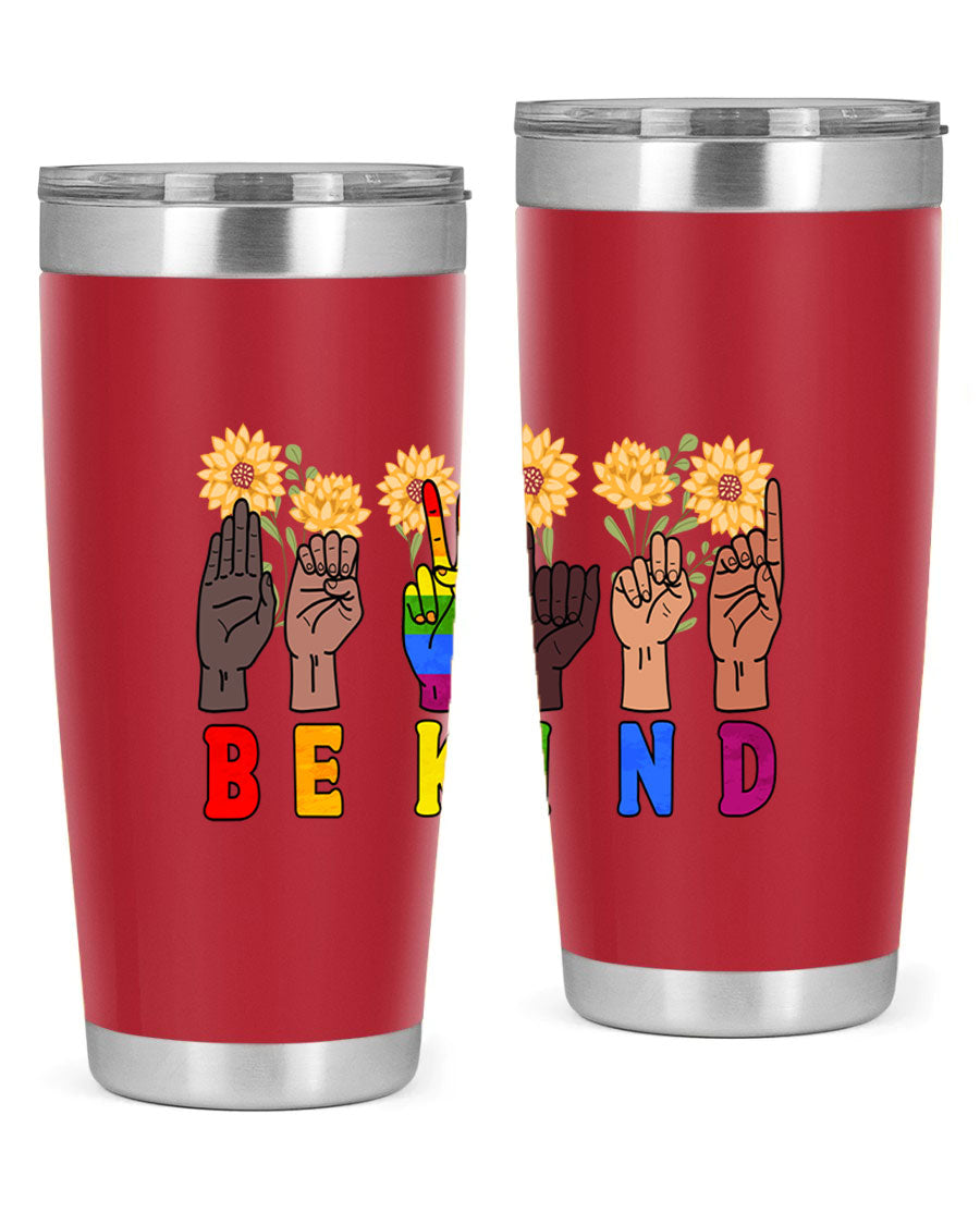 Be Kind Sign Language Hand Talking LGBT tumbler, 20oz stainless steel with vibrant design, perfect for hot and cold beverages.