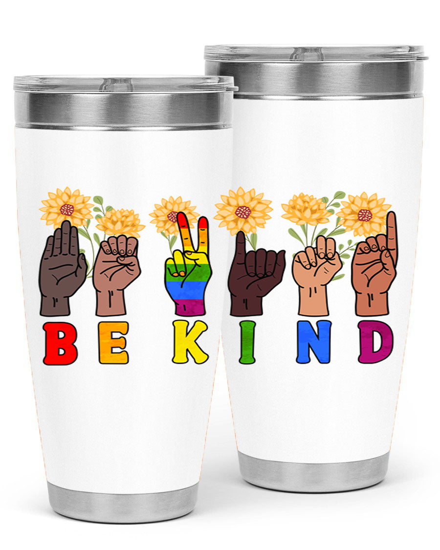 Be Kind Sign Language Hand Talking LGBT tumbler, 20oz stainless steel with vibrant design, perfect for hot and cold beverages.