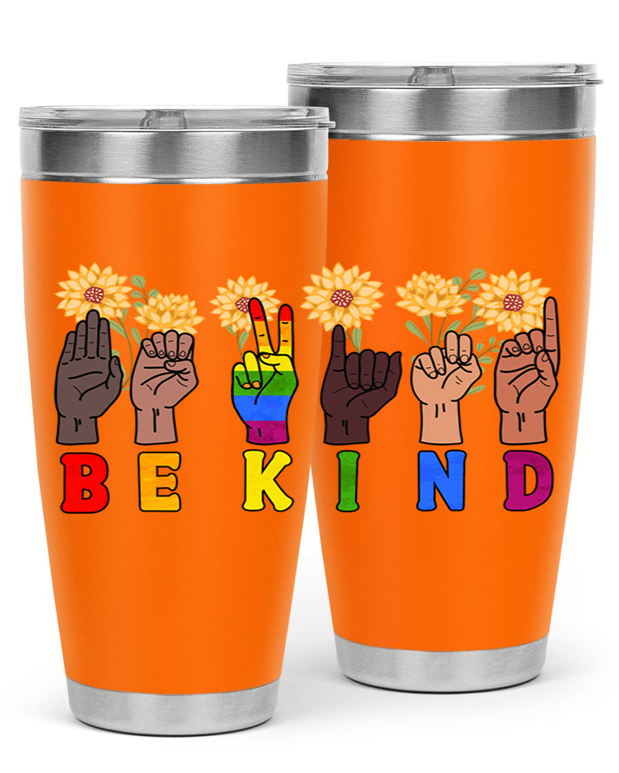 Be Kind Sign Language Hand Talking LGBT tumbler, 20oz stainless steel with vibrant design, perfect for hot and cold beverages.