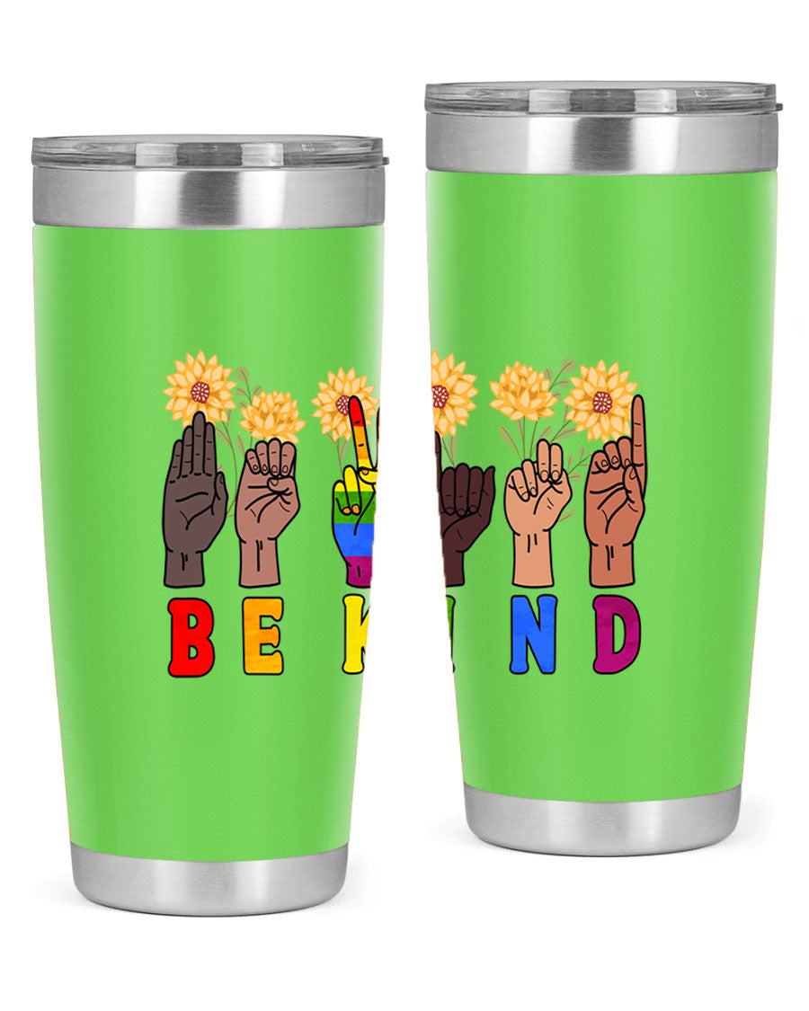 Be Kind Sign Language Hand Talking LGBT tumbler, 20oz stainless steel with vibrant design, perfect for hot and cold beverages.