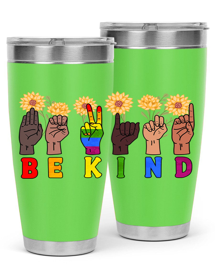 Be Kind Sign Language Hand Talking LGBT tumbler, 20oz stainless steel with vibrant design, perfect for hot and cold beverages.