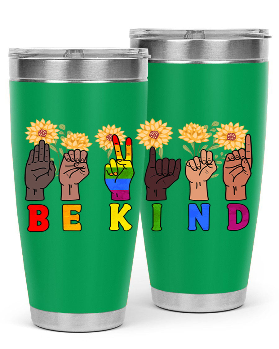 Be Kind Sign Language Hand Talking LGBT tumbler, 20oz stainless steel with vibrant design, perfect for hot and cold beverages.