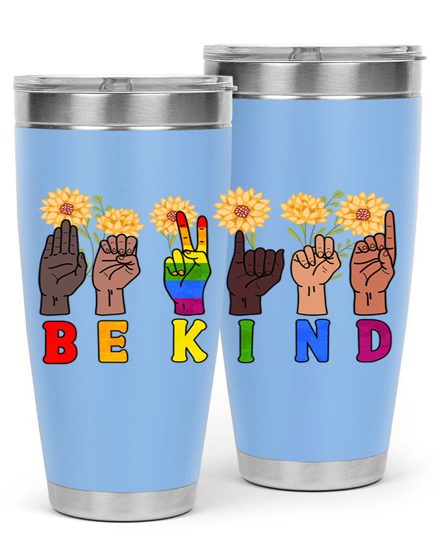 Be Kind Sign Language Hand Talking LGBT tumbler, 20oz stainless steel with vibrant design, perfect for hot and cold beverages.