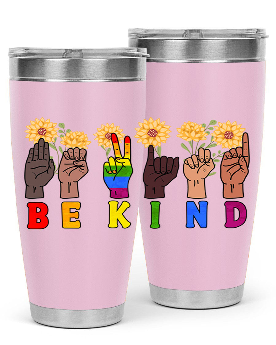 Be Kind Sign Language Hand Talking LGBT tumbler, 20oz stainless steel with vibrant design, perfect for hot and cold beverages.