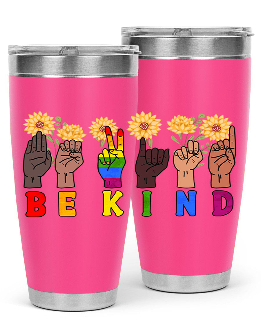 Be Kind Sign Language Hand Talking LGBT tumbler, 20oz stainless steel with vibrant design, perfect for hot and cold beverages.