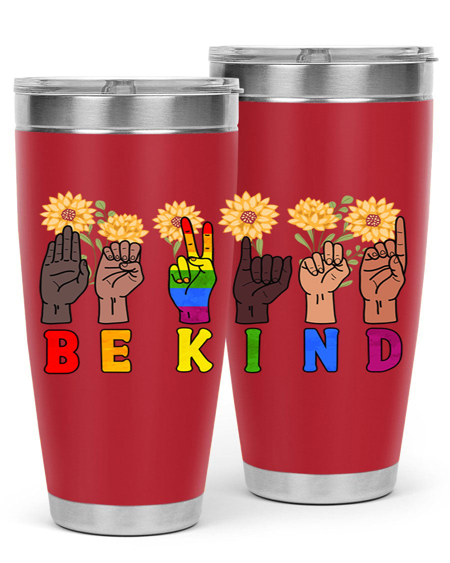 Be Kind Sign Language Hand Talking LGBT tumbler, 20oz stainless steel with vibrant design, perfect for hot and cold beverages.