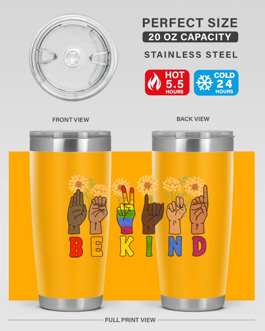 Be Kind Sign Language Hand Talking LGBT tumbler, 20oz stainless steel with vibrant design, perfect for hot and cold beverages.