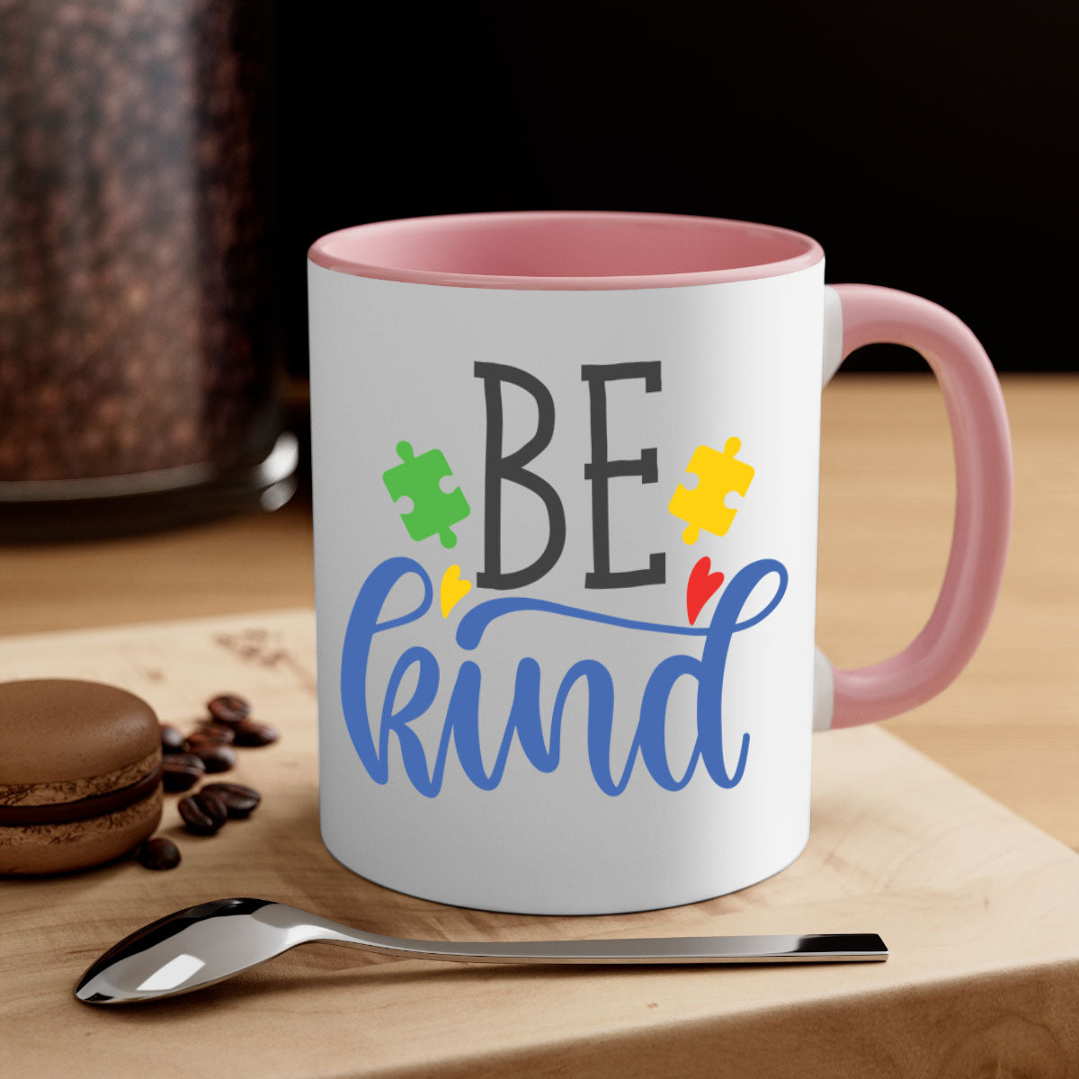 A stylish be kind Style 8# autism mug featuring a two-tone design with a colored handle and glossy finish, available in multiple colors.