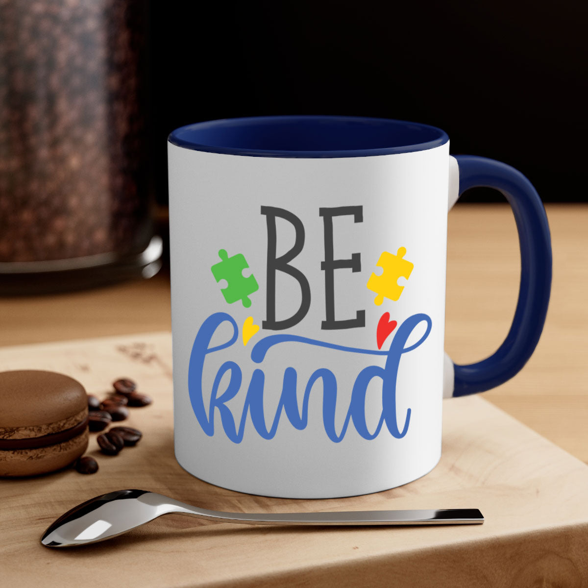 A stylish be kind Style 8# autism mug featuring a two-tone design with a colored handle and glossy finish, available in multiple colors.