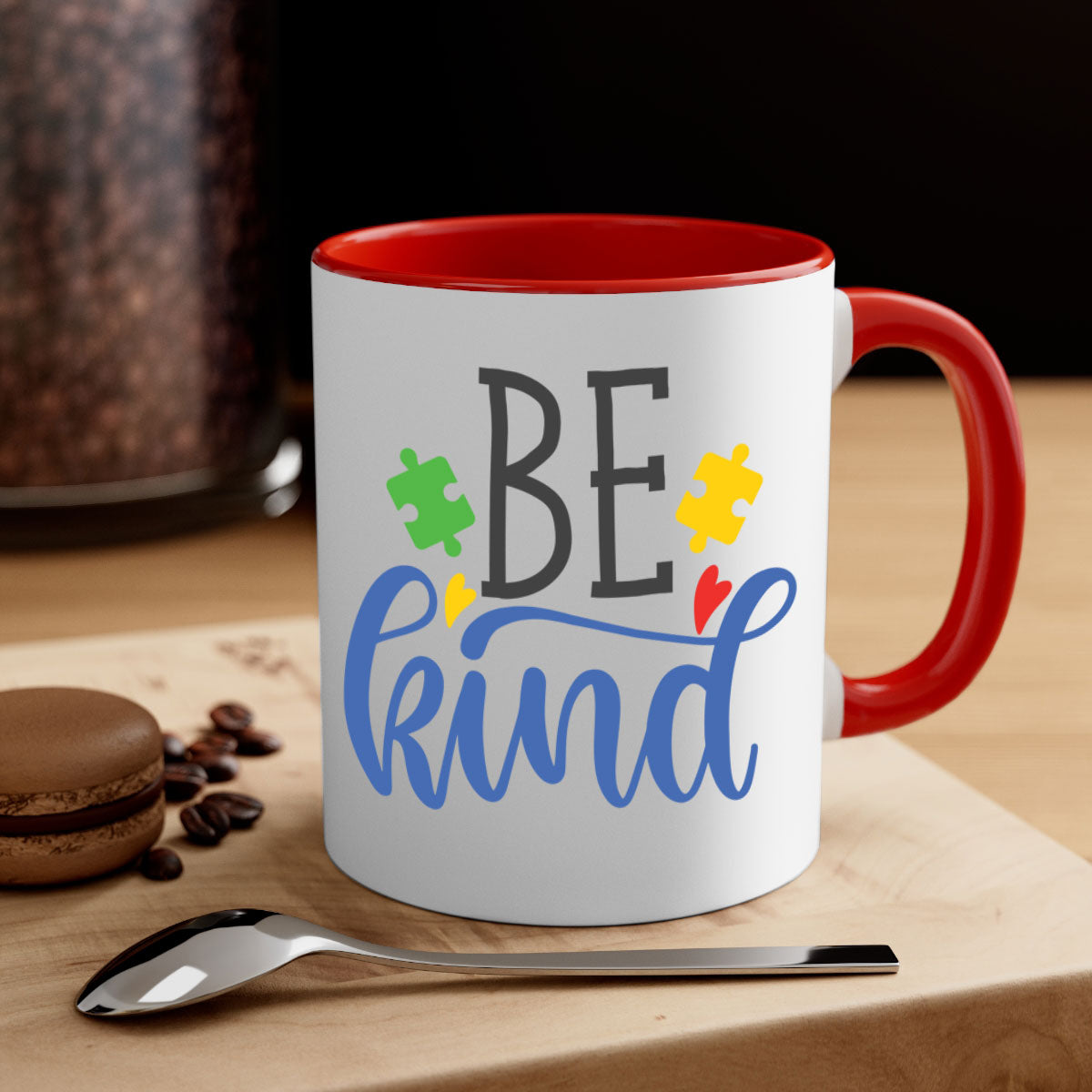 A stylish be kind Style 8# autism mug featuring a two-tone design with a colored handle and glossy finish, available in multiple colors.