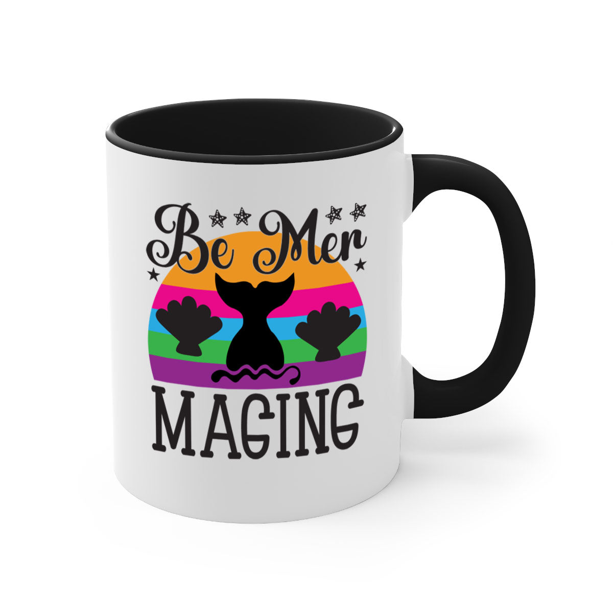 Be mer maging 57# Mermaid Mug with colorful handle and glossy finish, available in multiple colors and sizes.