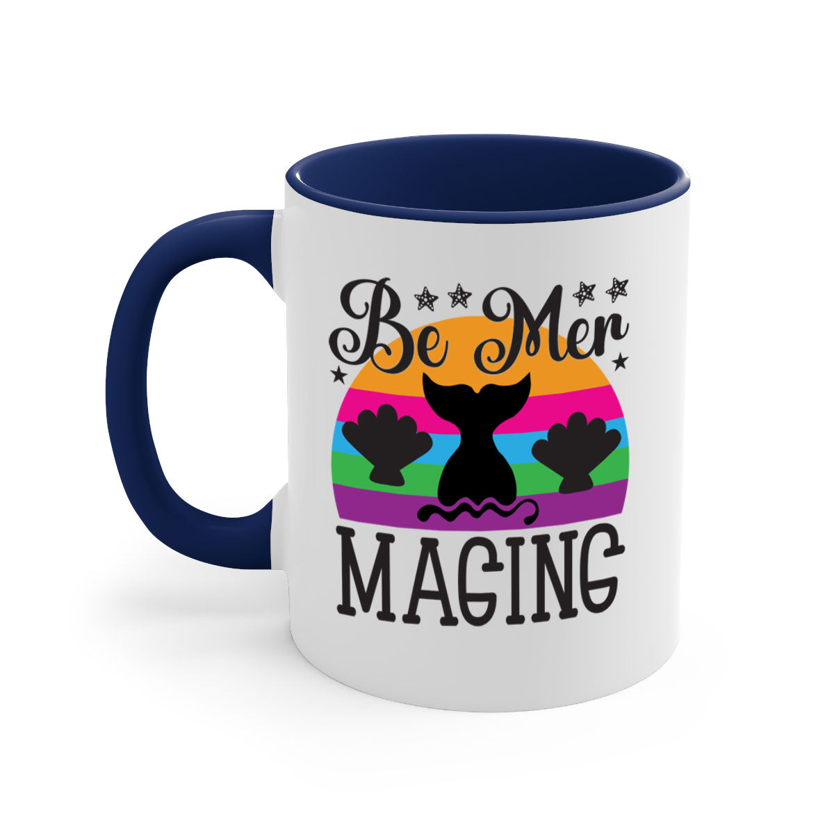 Be mer maging 57# Mermaid Mug with colorful handle and glossy finish, available in multiple colors and sizes.