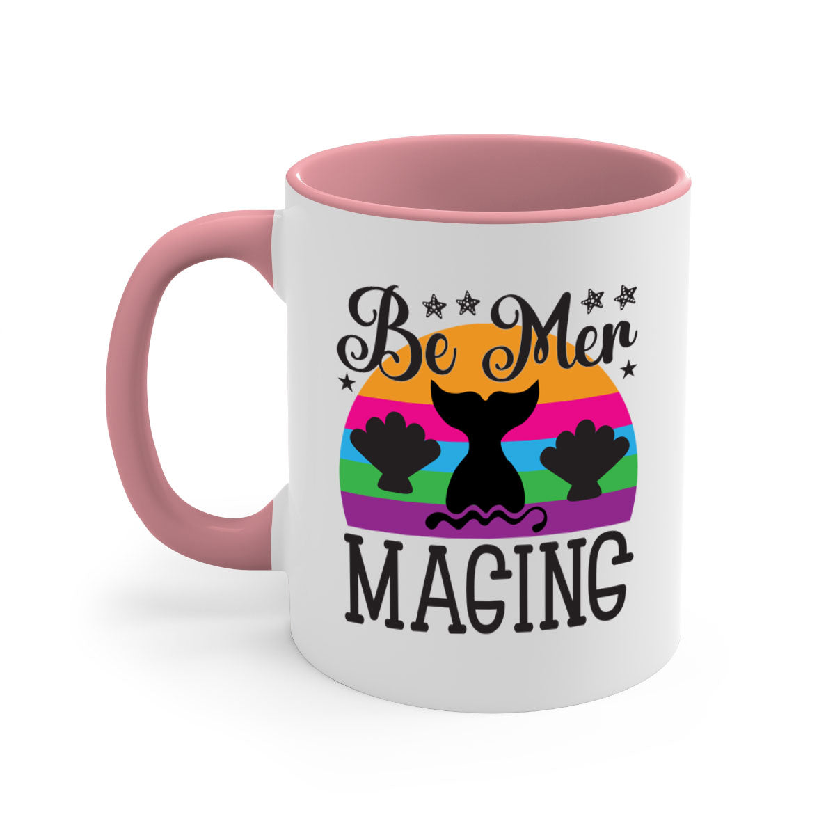 Be mer maging 57# Mermaid Mug with colorful handle and glossy finish, available in multiple colors and sizes.