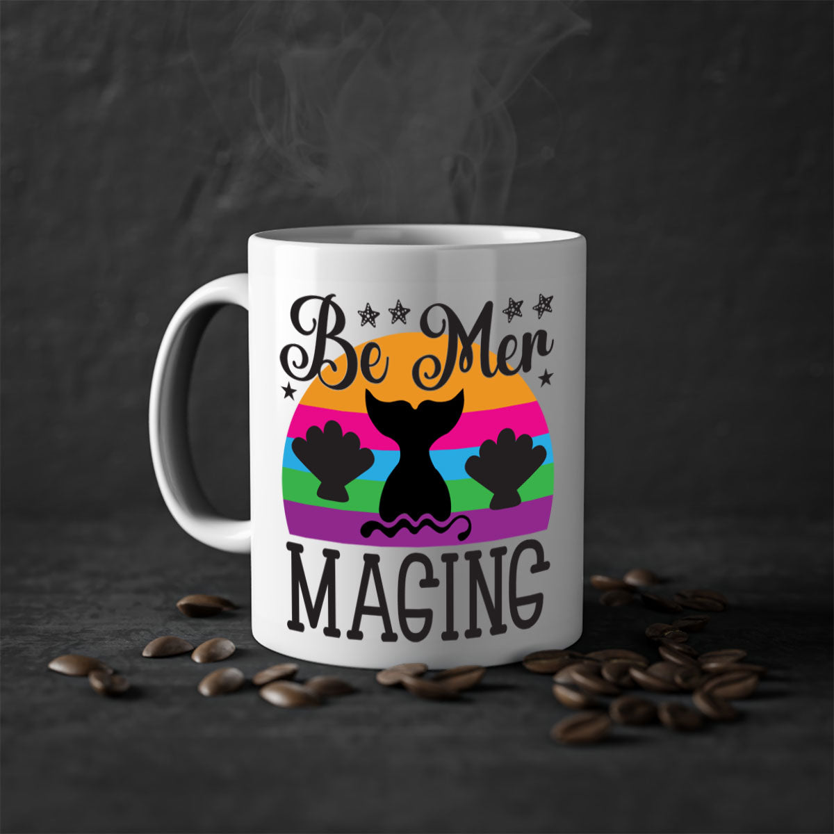 Be mer maging 57# Mermaid Mug with colorful handle and glossy finish, available in multiple colors and sizes.