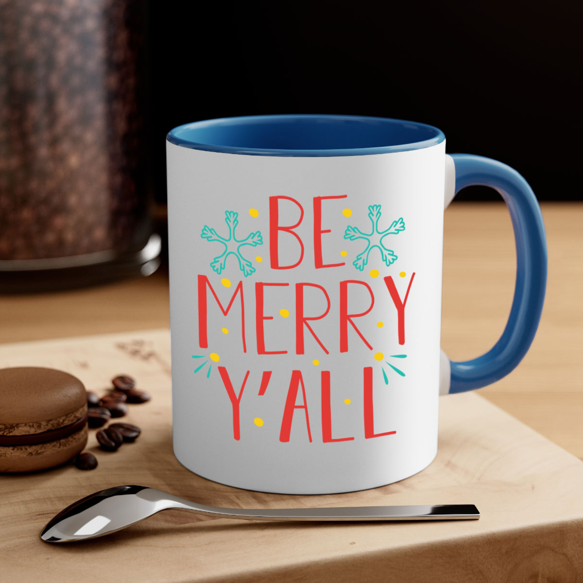 Be Merry Y'all 305# Christmas Mug with a glossy finish, featuring a colored handle and interior, available in five vibrant colors.