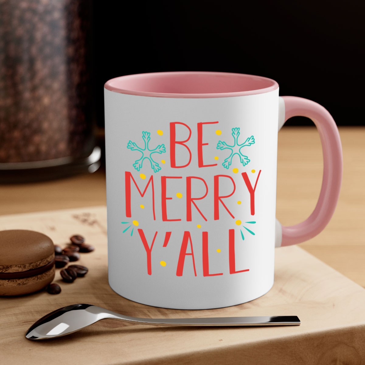 Be Merry Y'all 305# Christmas Mug with a glossy finish, featuring a colored handle and interior, available in five vibrant colors.