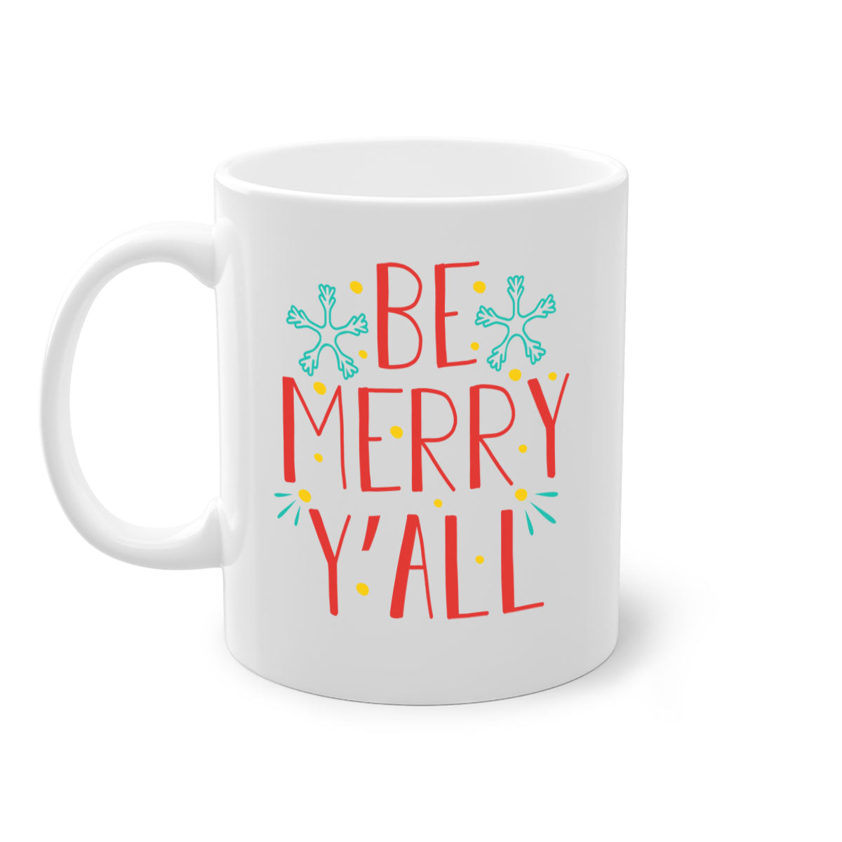 Be Merry Y'all 305# Christmas Mug with a glossy finish, featuring a colored handle and interior, available in five vibrant colors.