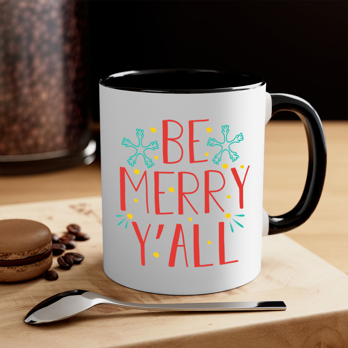 Be Merry Y'all 305# Christmas Mug with a glossy finish, featuring a colored handle and interior, available in five vibrant colors.