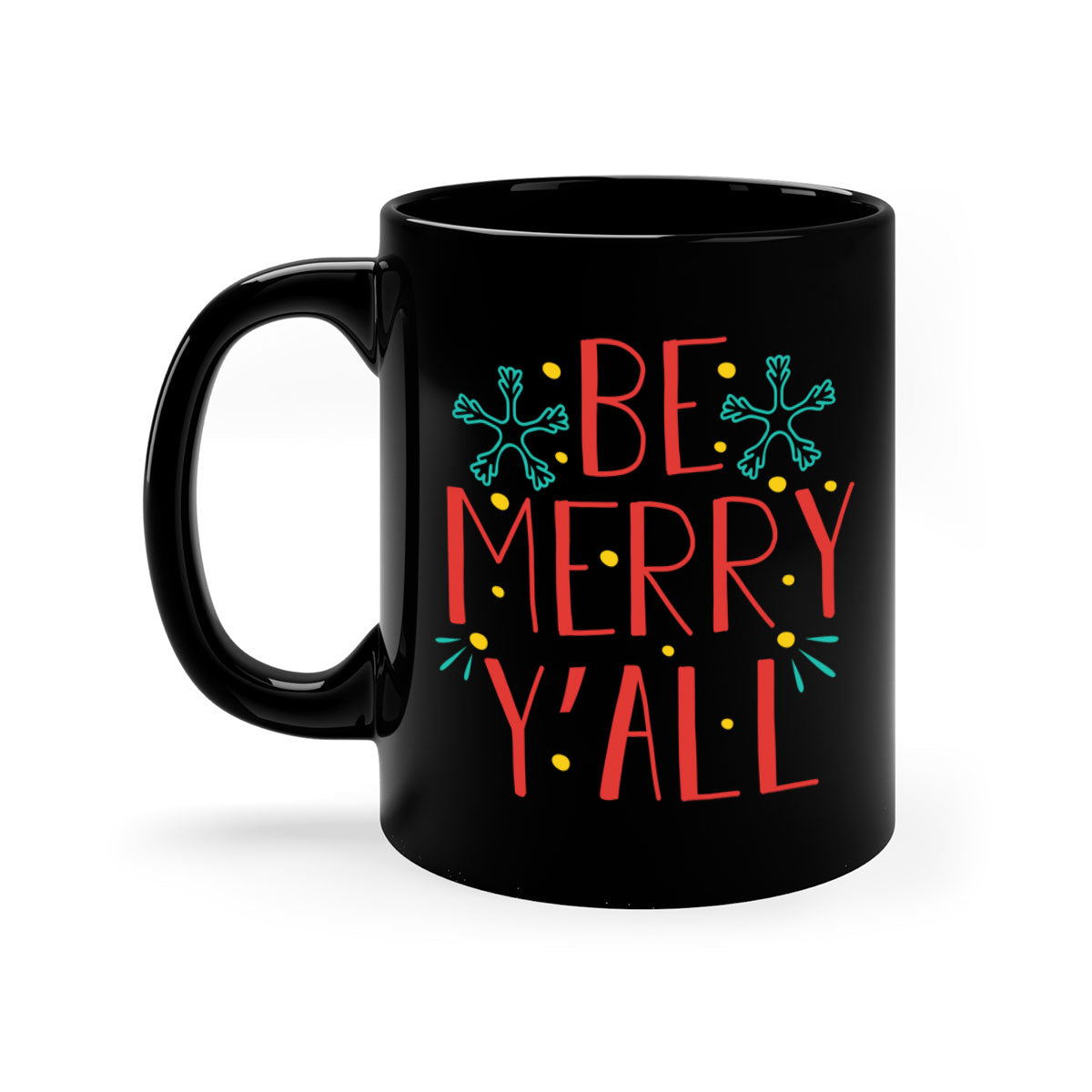 Be Merry Y'all 305# Christmas Mug with a glossy finish, featuring a colored handle and interior, available in five vibrant colors.