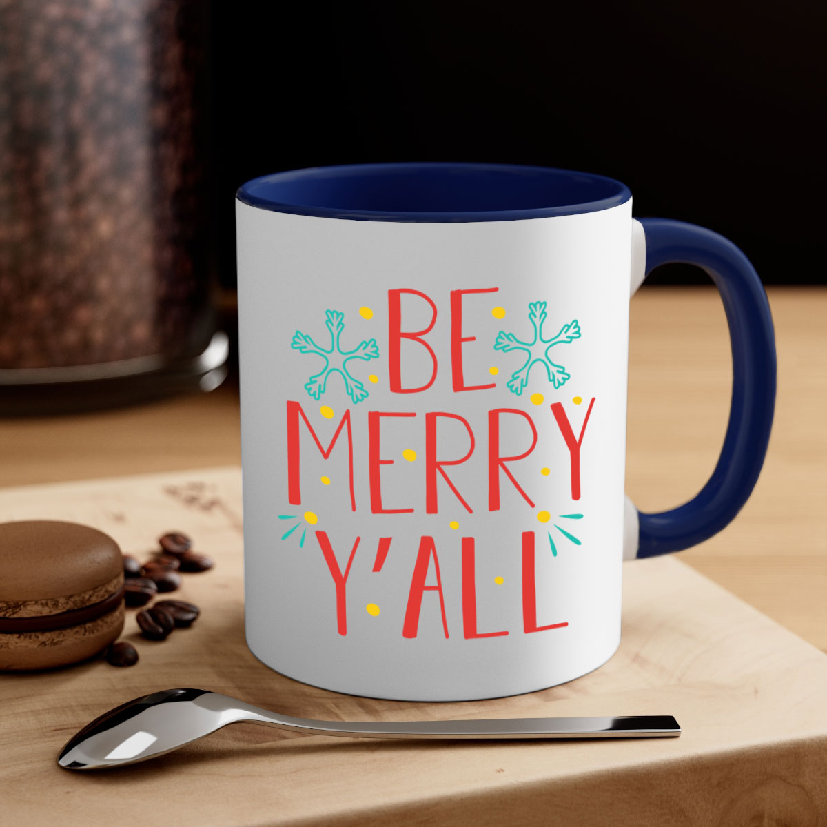 Be Merry Y'all 305# Christmas Mug with a glossy finish, featuring a colored handle and interior, available in five vibrant colors.